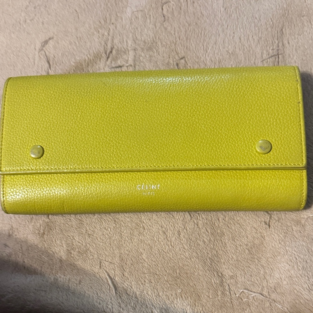 Celine Vibrant Yellow Green Double Snap Long Wallet